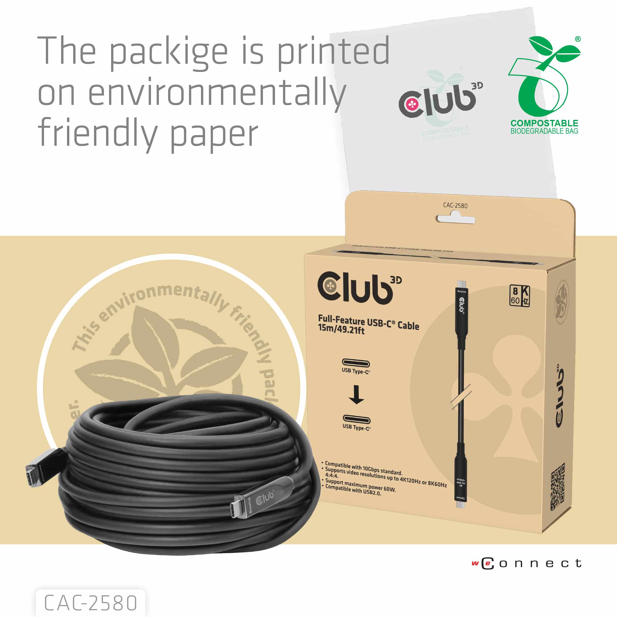CLUB3D 15M Full-Feature USB-C Cable / 49.21ft 8K60Hz 10Gbps 60W - Afbeelding 3