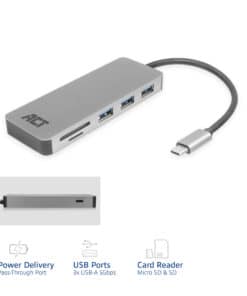 ACT USB-C hub 3.0, 3x USB-A, cardreader, PD pass-through - Afbeelding 2
