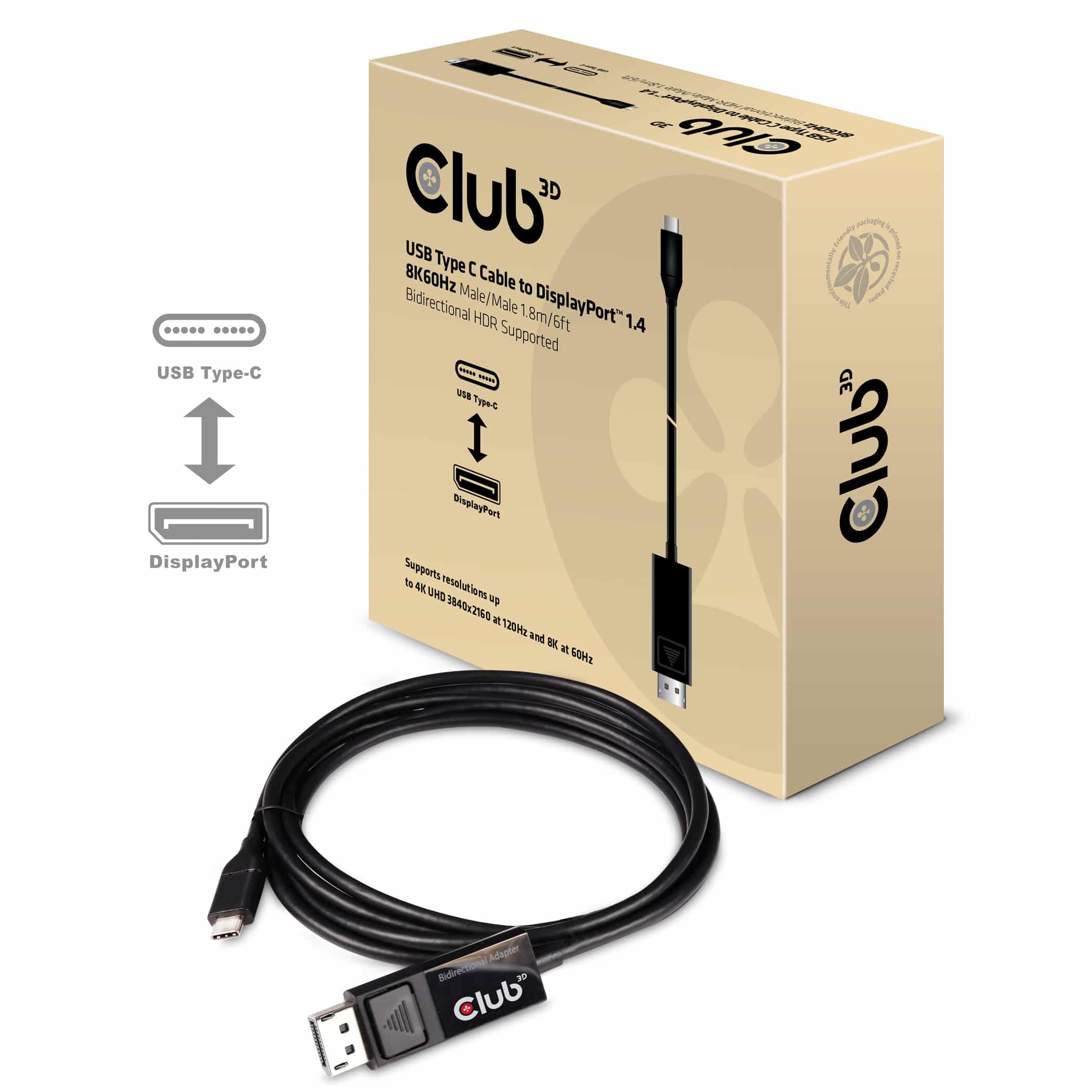 CLUB3D USB Type C Cable naar DP 1.4 8K60Hz M/M 1.8m - Afbeelding 2