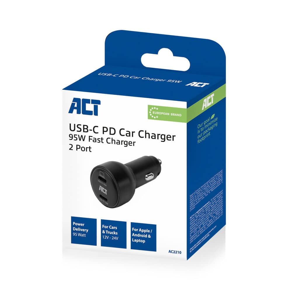 ACT 2-poorts USB-C fast charge autolader 95W met Power Delivery PPS, Quick Charge en GaNFast - Afbeelding 4