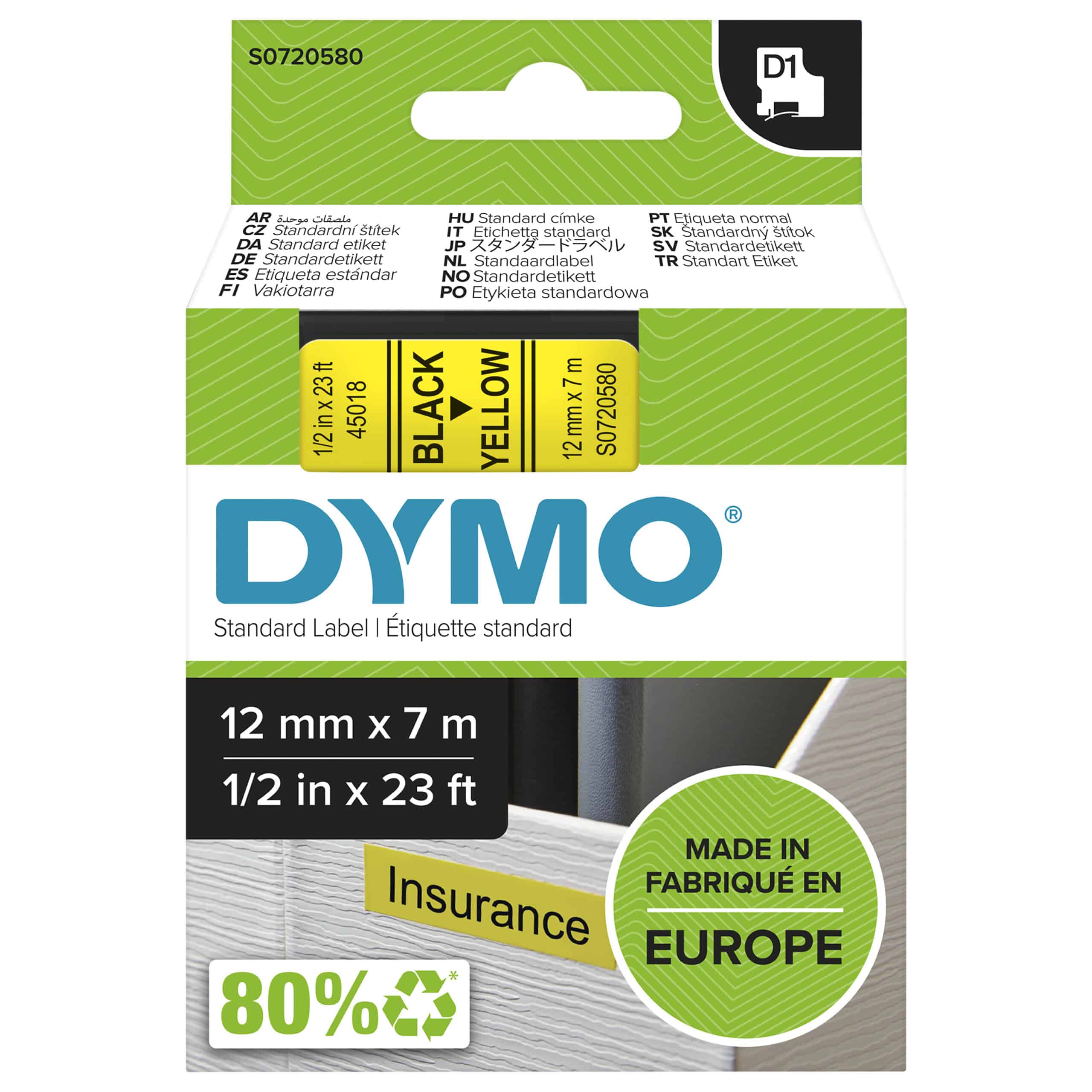 DYMO originele D1 labels | Zwarte Tekst op Geel Label | 12 mm x 7 m | Zelfklevende etiketten voor de LabelManager labelprinter | gemaakt in Europa