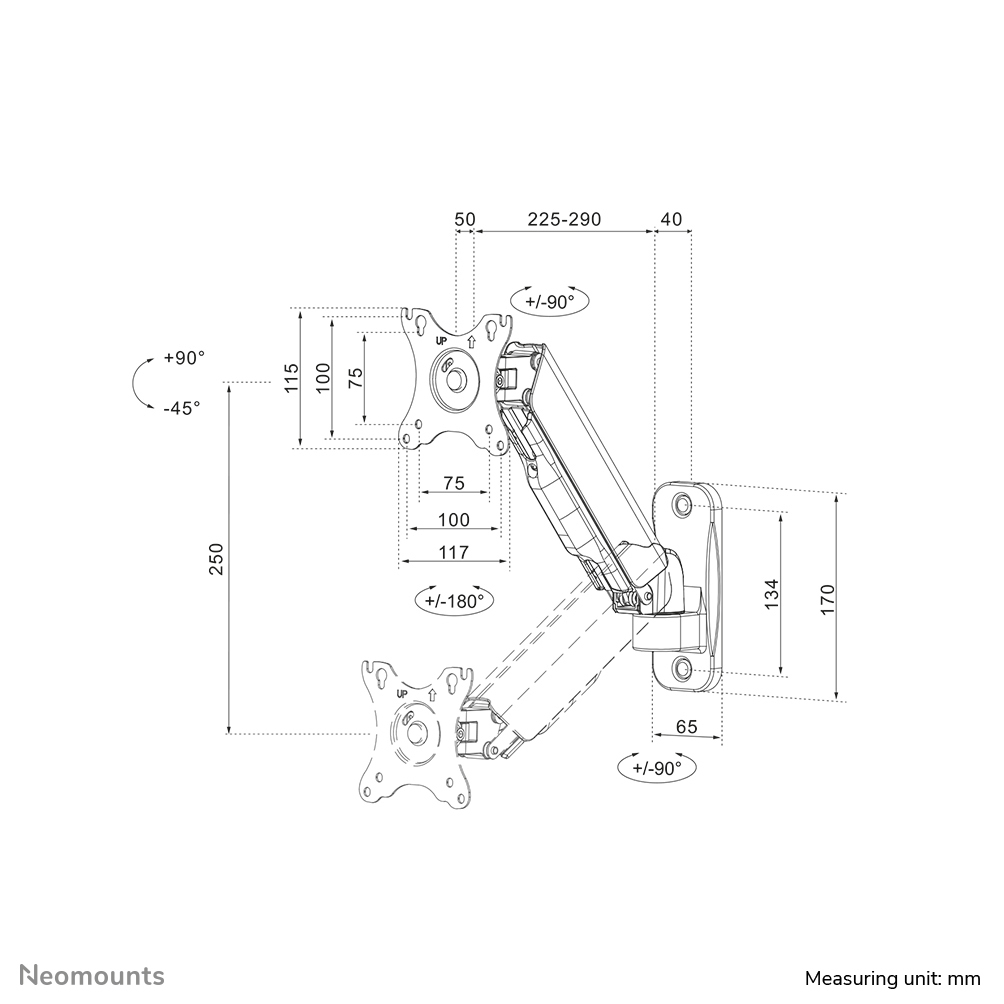 Neomounts WL70-440BL11 wall mounted gas spring monitor arm, 2 pivots, VESA 100x100mm