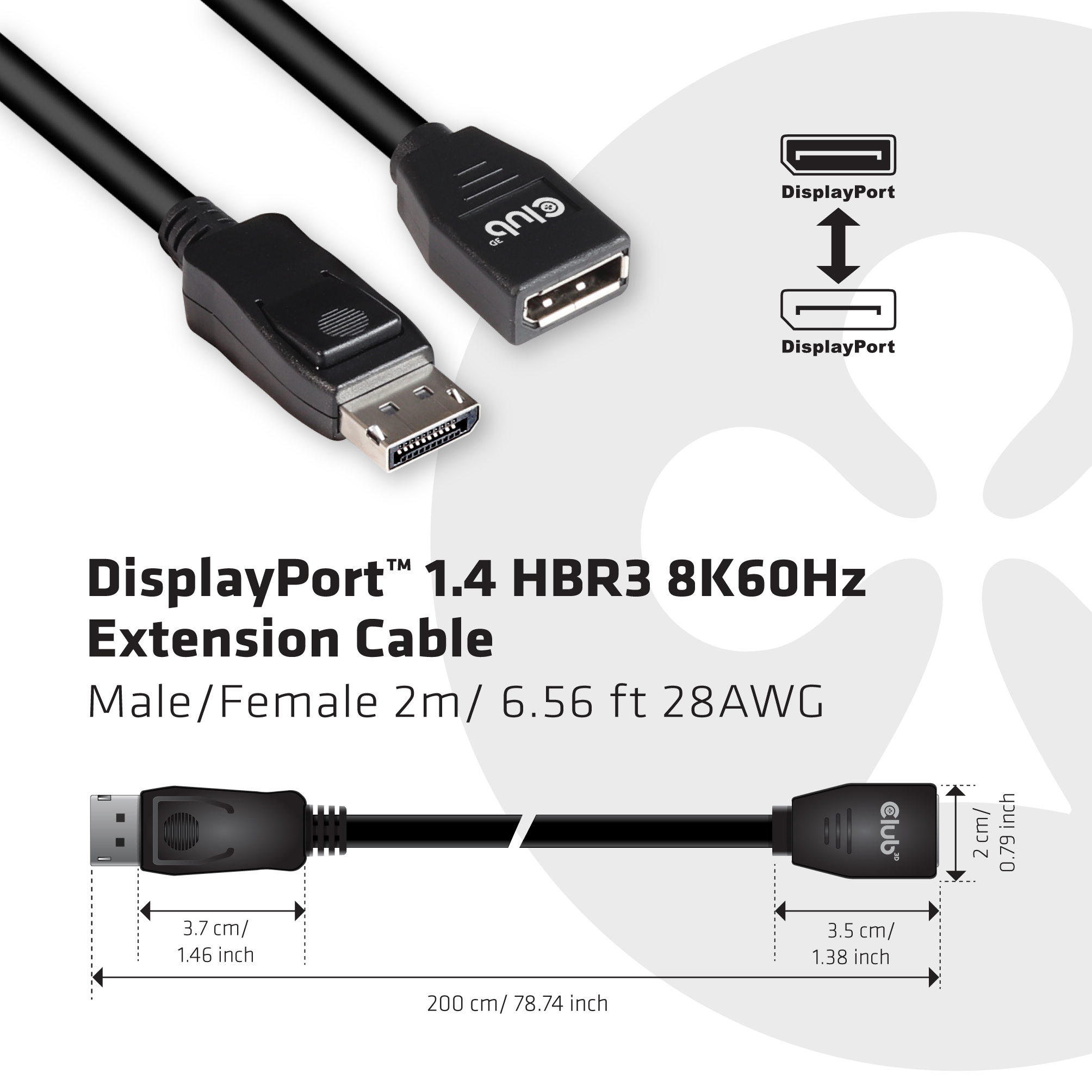 CLUB3D DisplayPort 1.4 HBR3 Extension kabel 8K60Hz M/F 2m/ - Afbeelding 6