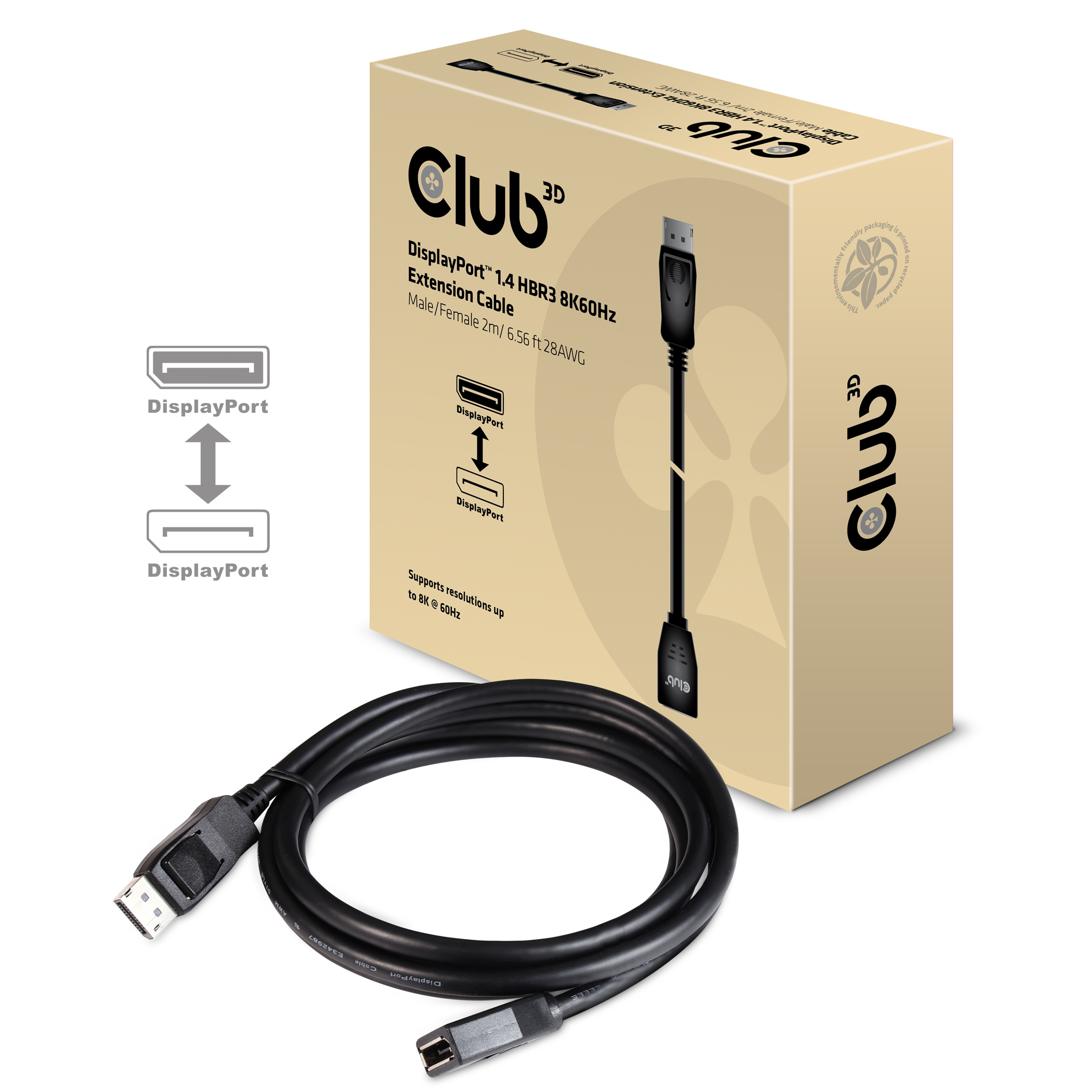 CLUB3D DisplayPort 1.4 HBR3 Extension kabel 8K60Hz M/F 2m/ - Afbeelding 2
