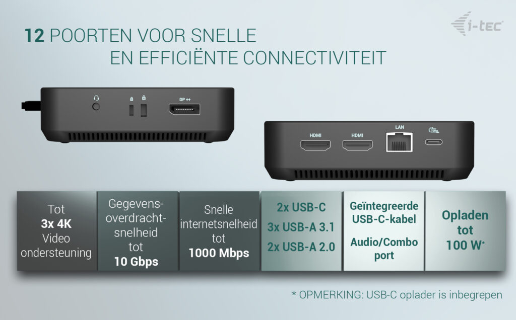 i-tec USB-C DP Dual HDMI Docking Station with Power Delivery 100 W + Universal Charger 100W - Afbeelding 6