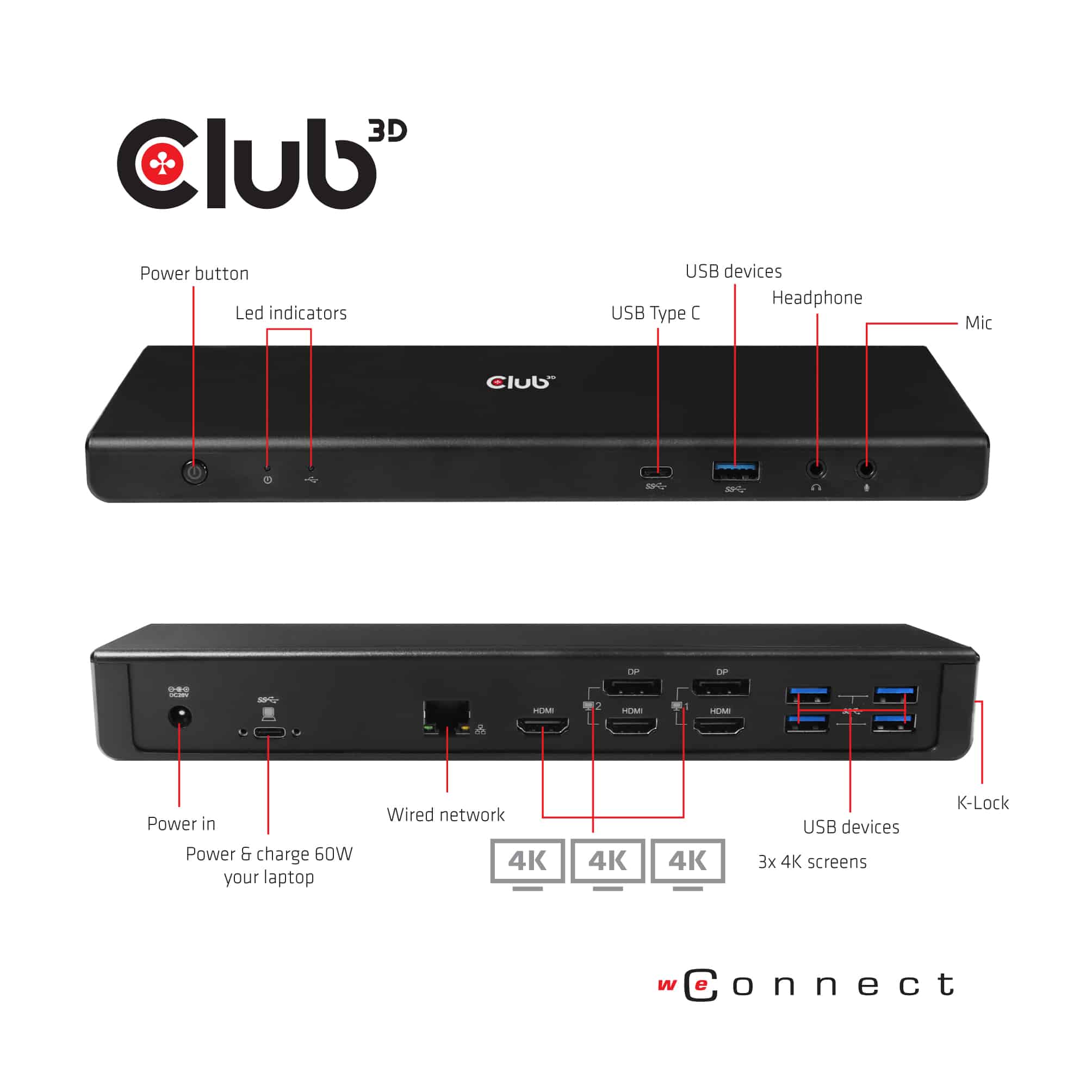 CLUB3D Type-C Universeel (2x 4K60Hz +1x 4K30Hz), oplaad Docking Station 60W DisplayLink gecertificeerd en DP alt modus - kensington lock - Afbeelding 7