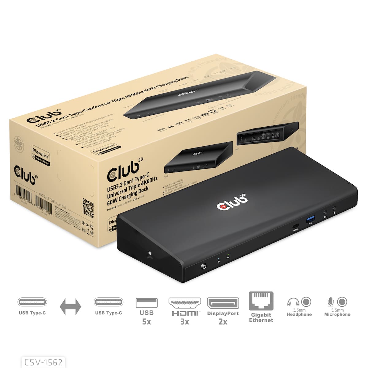 CLUB3D Type-C Universeel (2x 4K60Hz +1x 4K30Hz), oplaad Docking Station 60W DisplayLink gecertificeerd en DP alt modus - kensington lock - Afbeelding 6