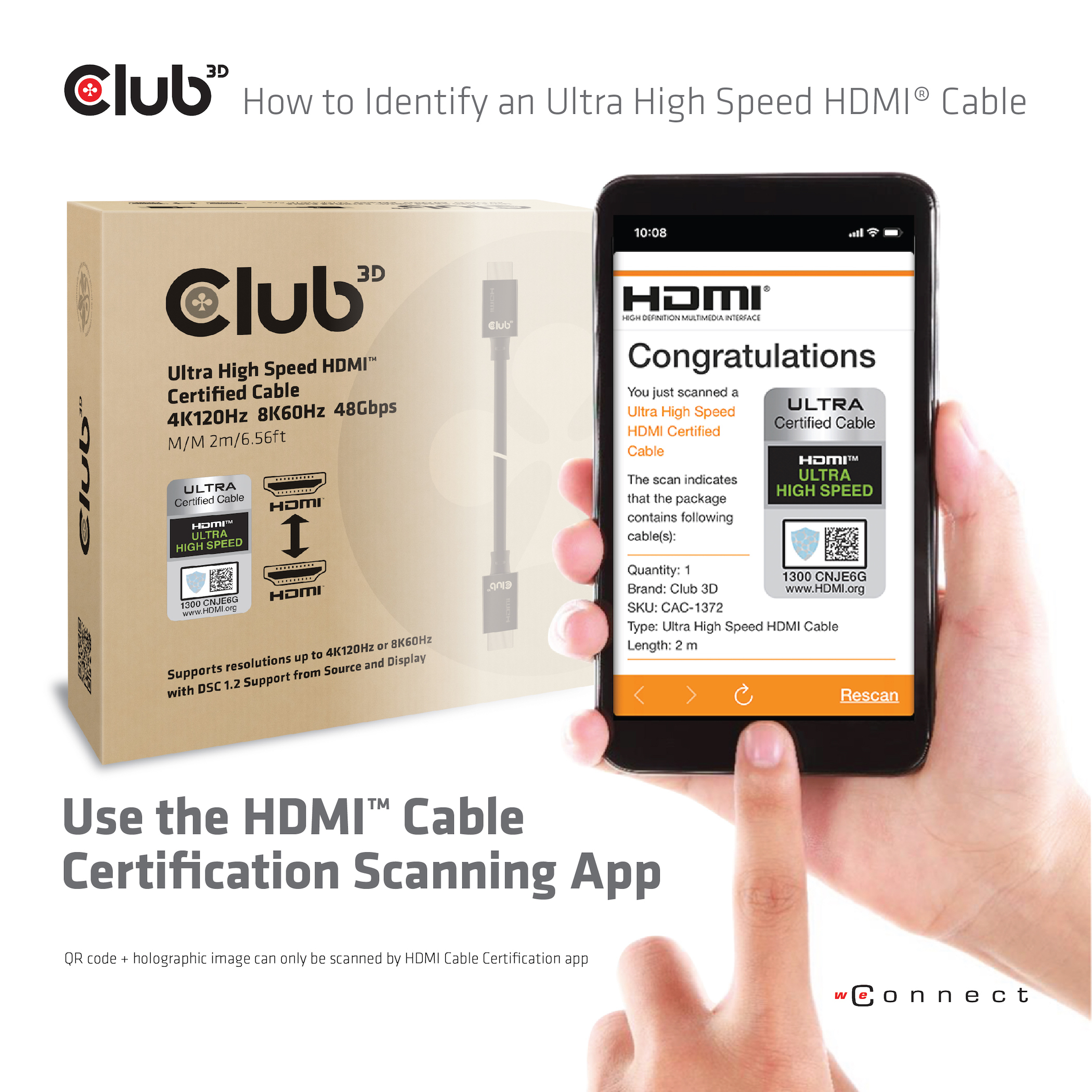 CLUB3D Ultra High Speed HDMI 4K120Hz, 144Hz Certified Cable 48Gbps M/M 2 m / 6.56 ft - Afbeelding 3