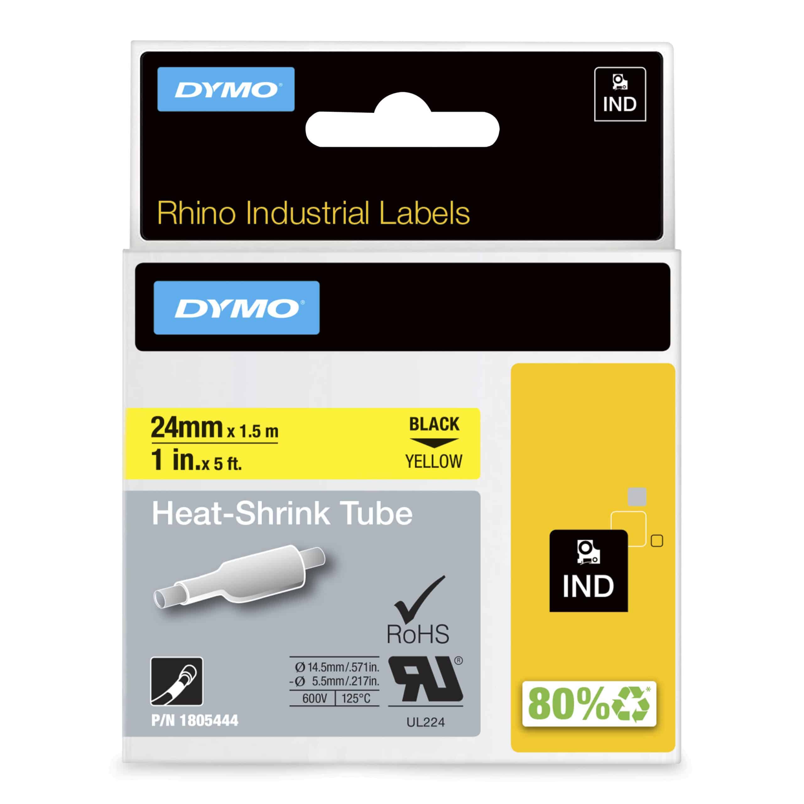 DYMO Rhino industriële Heat-Shrink Tube-labels | 24 mm x 1,5 m | zwarte afdruk op geel | voor Rhino labelprinters