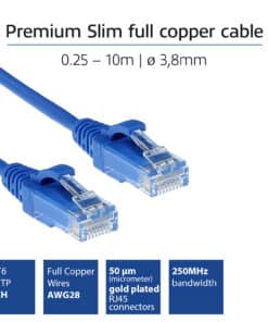 ACT Blauwe 3 meter LSZH U/UTP CAT6 datacenter slimline patchkabel snagless met RJ45 connectoren - Afbeelding 2