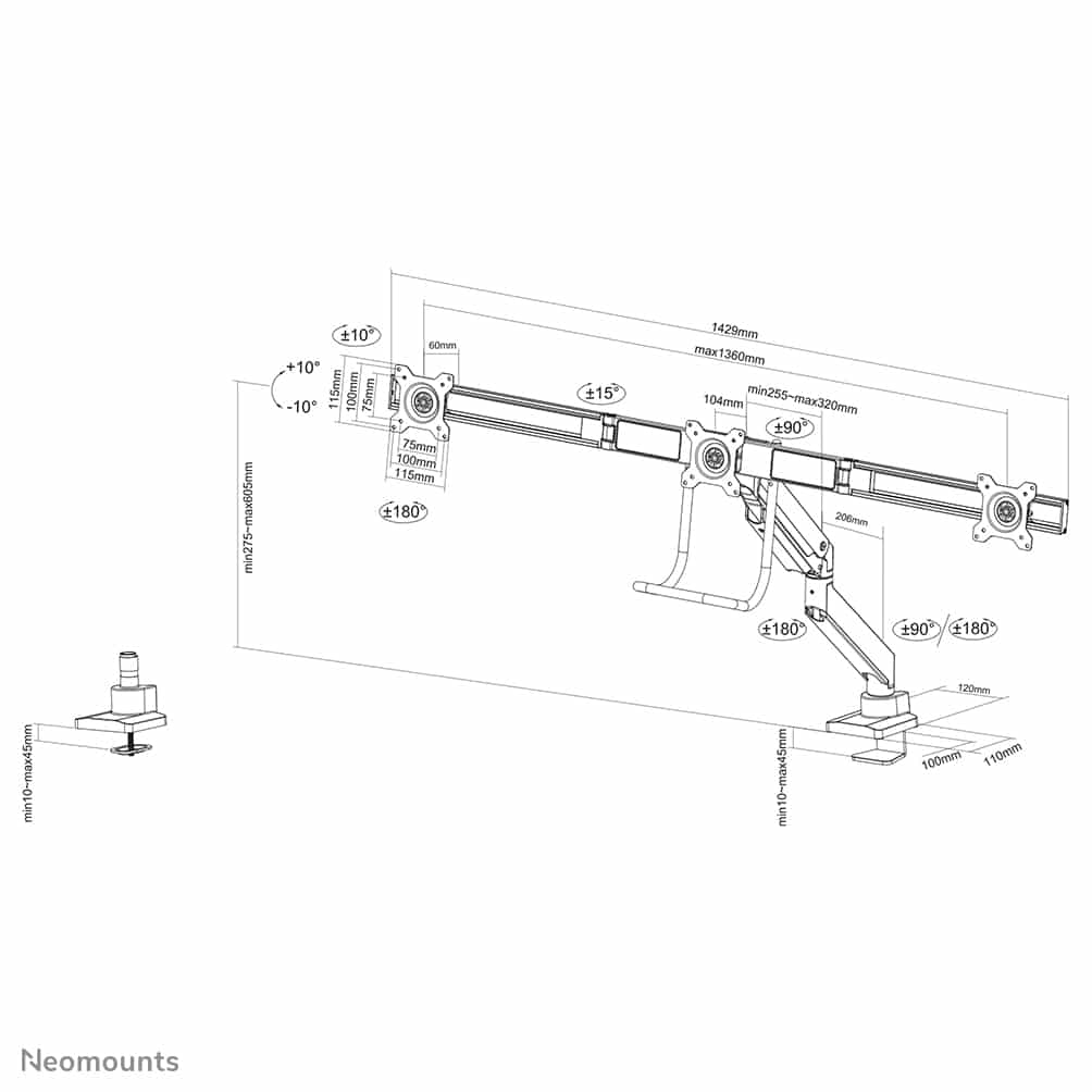 Neomounts NM-D775DX3BLACK Monitorarm 17-27" - gasveer - Topfix - 180°-stop