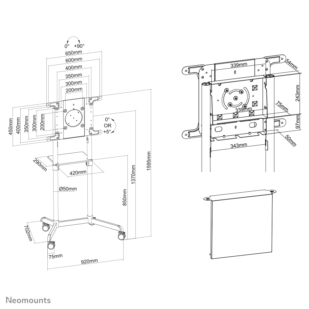 Neomounts NS-M1250BLACK flat screen floor stand, 37-70", 70 kg, 200x200/ 600x400 mm, Blac
