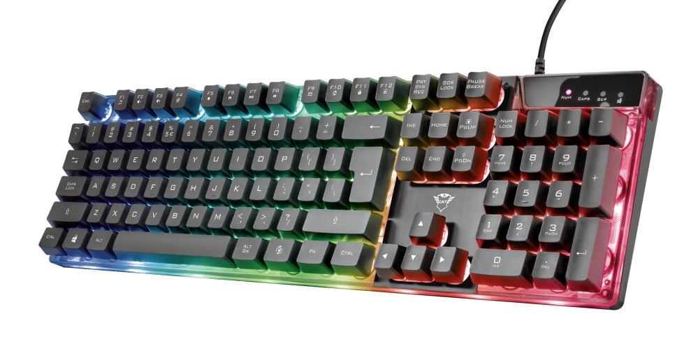 Trust GXT 835 Azor Verlicht gaming‑toetsenbord – gaming toetsenbord – Rainbow Wave verlichting – Anti‑ghosting functie – QWERTY – Zwart