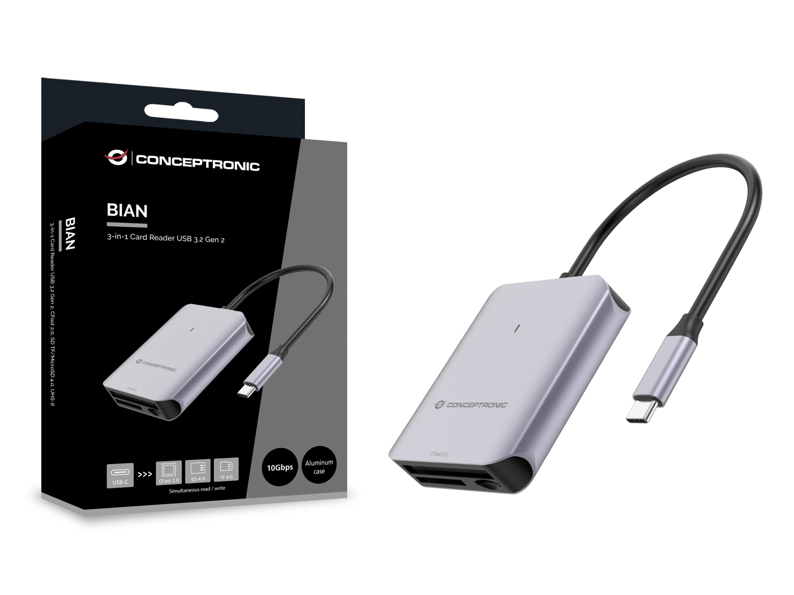 Conceptronic BIAN09G 3-in-1 Card Reader USB 3.2 Gen 2 Type-C, CFast 2.0, SD TF/(Micro-)SD 4.0 - Afbeelding 4