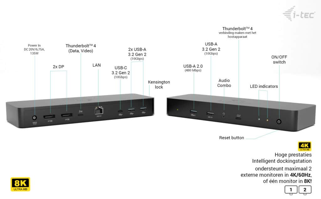 i-tec Thunderbolt 4 Intelligent Dual Display Docking Station + Power Delivery 90W