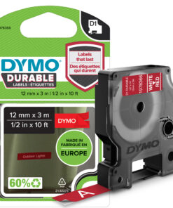 DYMO originele D1 Duurzame labels | Witte Tekst op Rood Label | 12 mm x 3 m | zelfklevende etiketten voor de LabelManager labelprinter | gemaakt in Europa