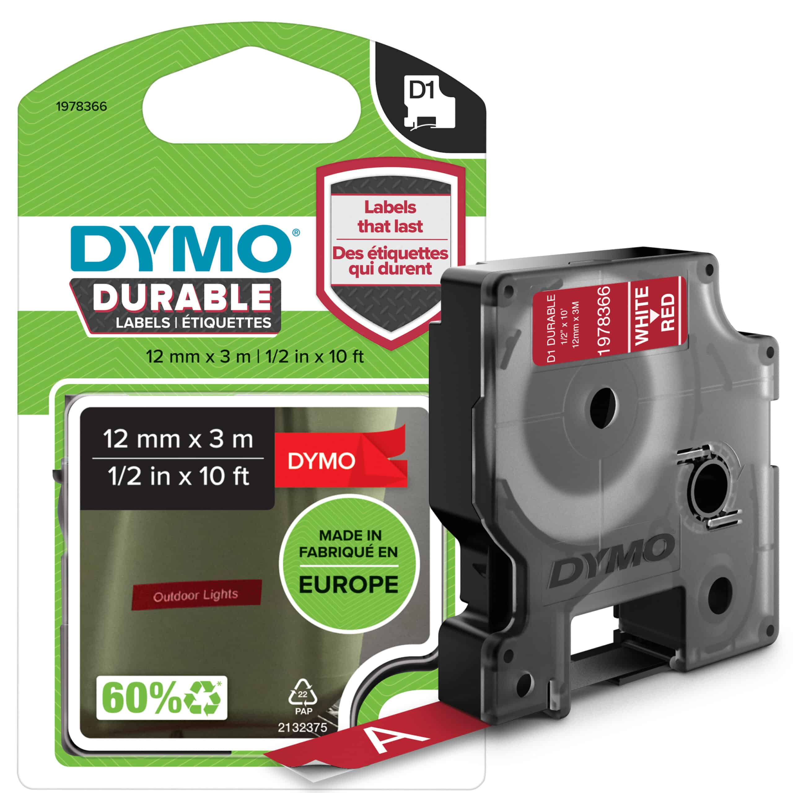 DYMO originele D1 Duurzame labels | Witte Tekst op Rood Label | 12 mm x 3 m | zelfklevende etiketten voor de LabelManager labelprinter | gemaakt in Europa
