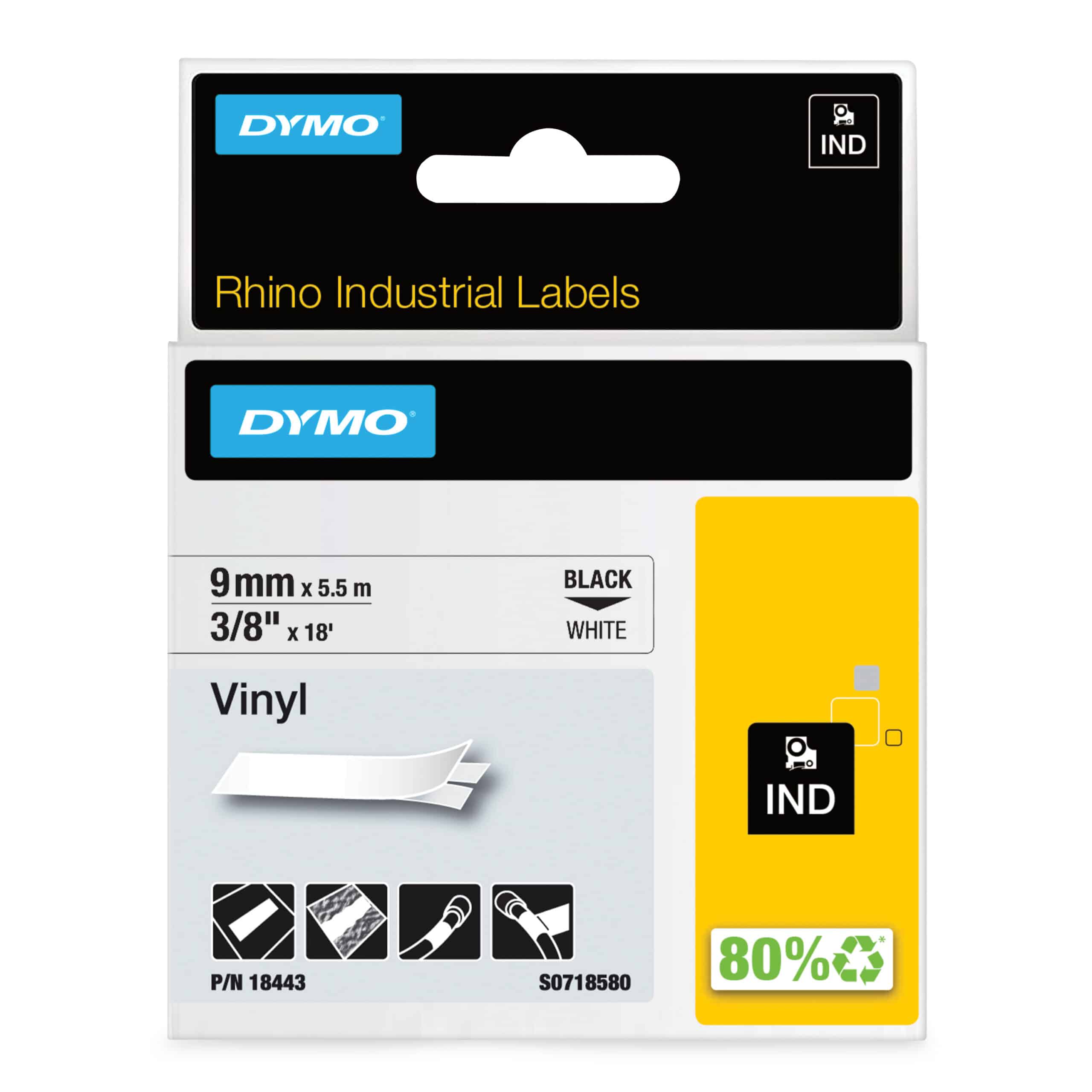 DYMO Rhino industriële Vinyl Labels | 9 mm x 5,5 m | zwarte afdruk op wit | zelfklevende labels voor Rhino & LabelManager labelprinters