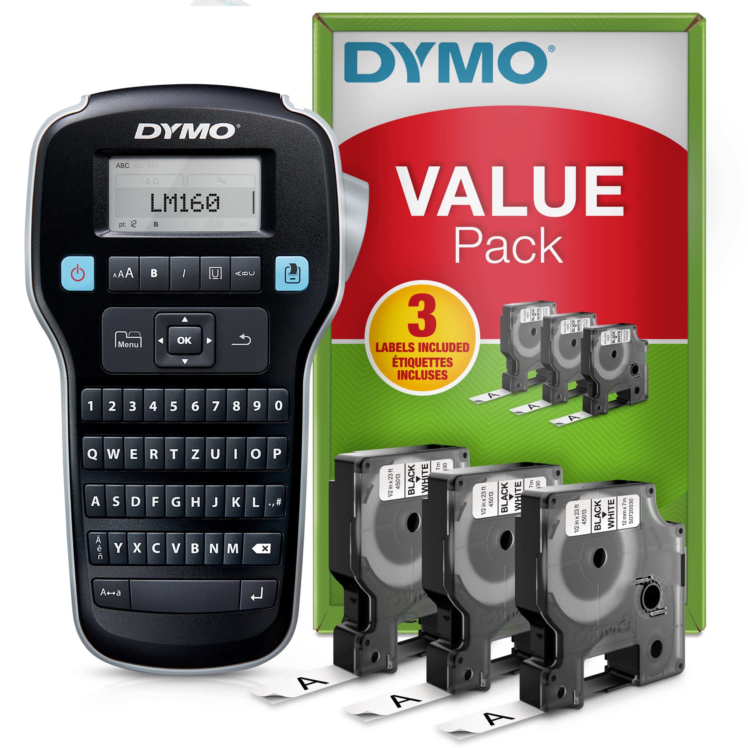 DYMO LabelManager 160 Labelmaker-startpakket | Handheld Labelprinter | met 3 rollen D1 etiketten QWERTZ-toetsenbord | Ideaal voor kantoor of thuis