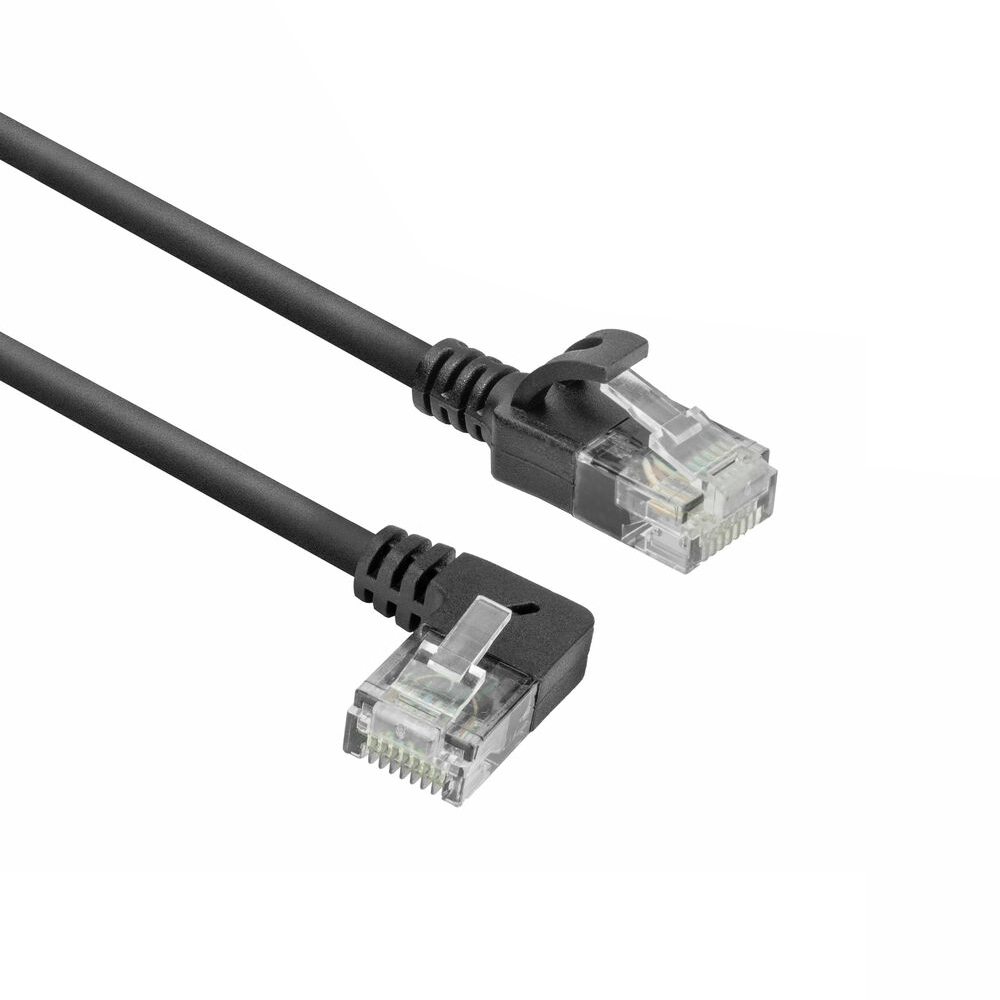 ACT Zwarte 2 meter U/UTP CAT6A LSZH slimline patchkabel met RJ45 connectoren, recht naar 90° haaks links