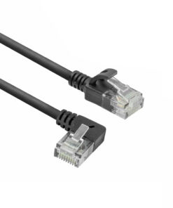 ACT Zwarte 0,5 meter U/UTP CAT6A LSZH slimline patchkabel met RJ45 connectoren, recht naar 90° haaks links