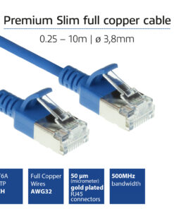ACT Blauwe 1 meter LSZH U/FTP CAT6A datacenter slimline patchkabel snagless met RJ45 connectoren