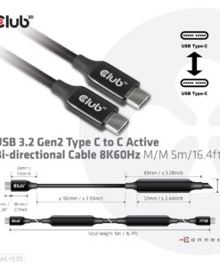 CLUB3D USB 3.2 Gen2 Type C naar C Actieve Bi-directionele Kabel 8K60Hz (alt modus) M/M 5m/16.4ft - Afbeelding 8