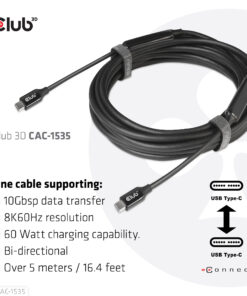 CLUB3D USB 3.2 Gen2 Type C naar C Actieve Bi-directionele Kabel 8K60Hz (alt modus) M/M 5m/16.4ft - Afbeelding 6