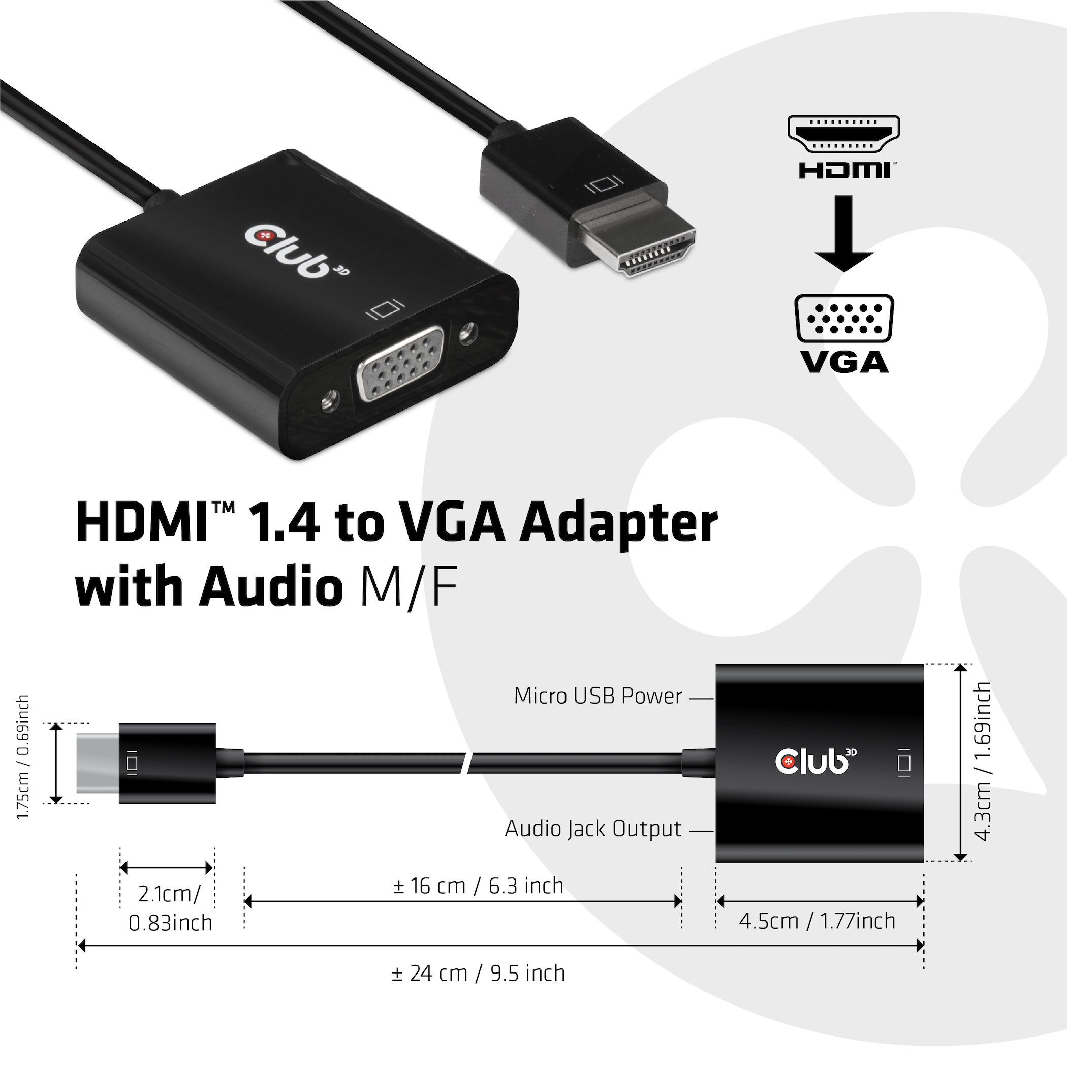 CLUB3D CAC-1302 video kabel adapter 0,5 m HDMI Type A (Standaard) VGA (D-Sub) Zwart - Afbeelding 3