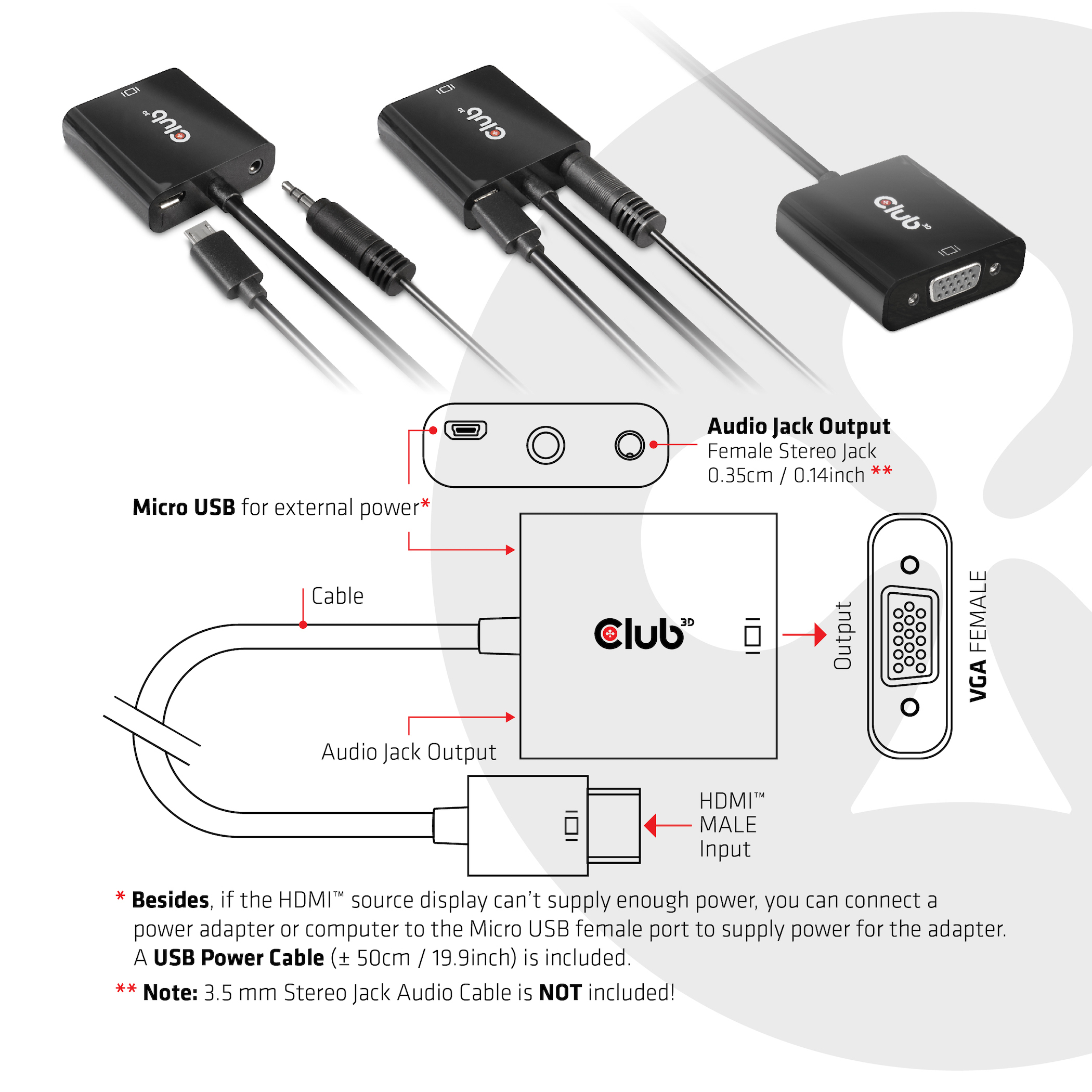 CLUB3D CAC-1302 video kabel adapter 0,5 m HDMI Type A (Standaard) VGA (D-Sub) Zwart - Afbeelding 6