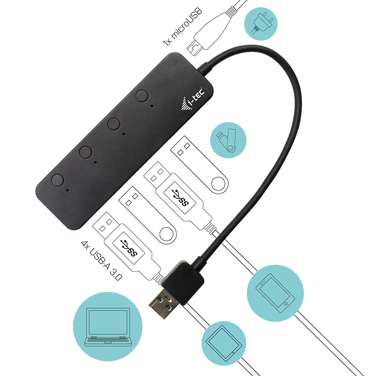 i-tec U3CHARGEHUB4 interface hub USB 3.2 Gen 1 (3.1 Gen 1) Type-A 5 Mbit/s Zwart - Afbeelding 4