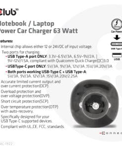 CLUB3D Notebook / Laptop Power Car Charger 63 Watt - Afbeelding 7
