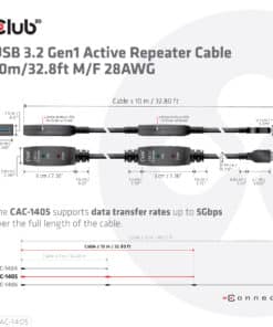 CLUB3D USB 3.2 Gen1 Active Repeater Cable 10m / 32.8ft M/F 28AWG - Afbeelding 3