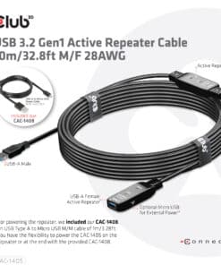 CLUB3D USB 3.2 Gen1 Active Repeater Cable 10m / 32.8ft M/F 28AWG - Afbeelding 5
