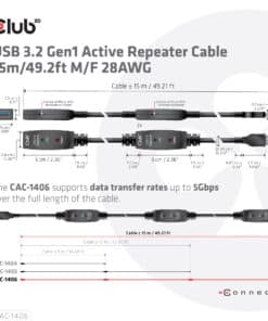 CLUB3D USB 3.2 Gen1 Active Repeater Cable 15m/ 49.2 ft M/F 28AWG - Afbeelding 5