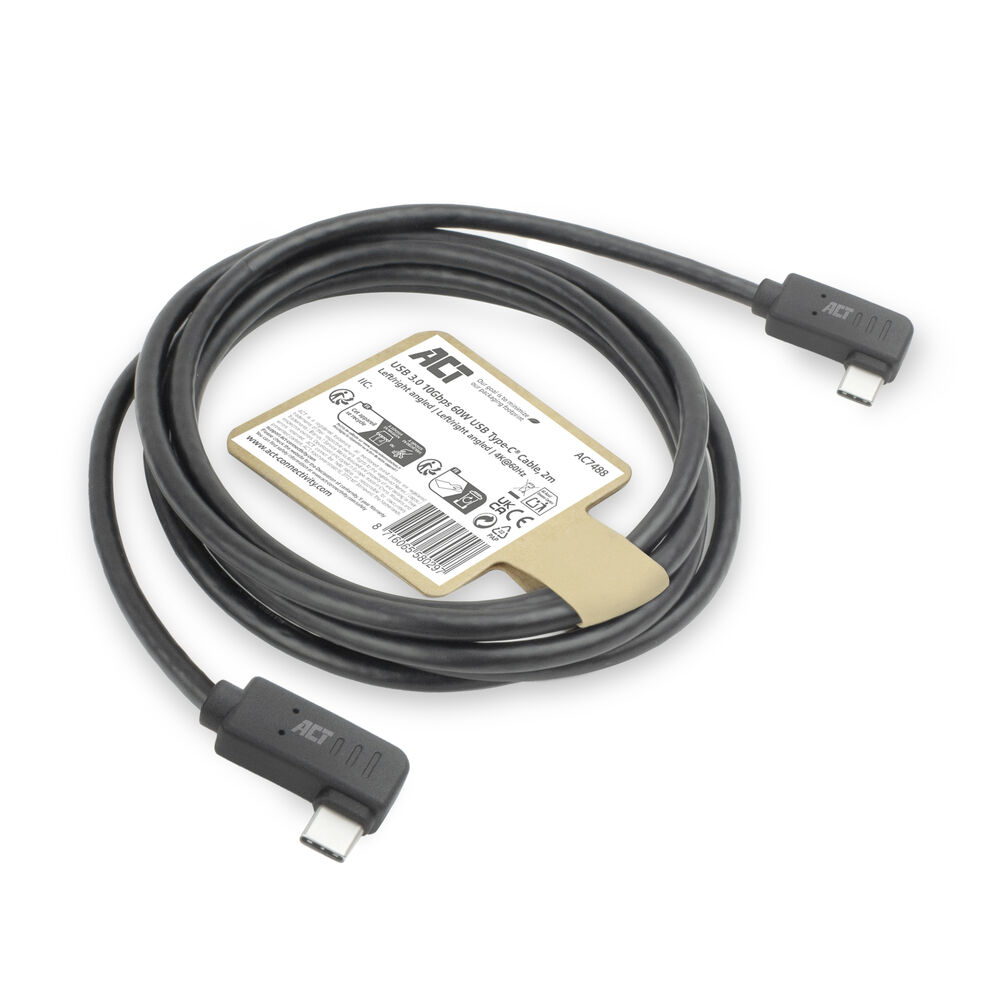 ACT USB 3.0 10Gbps 60W USB Type-C® (haaks links/rechts) naar USB Type-C® (haaks links/rechts) kabel, 2 meter - Afbeelding 2