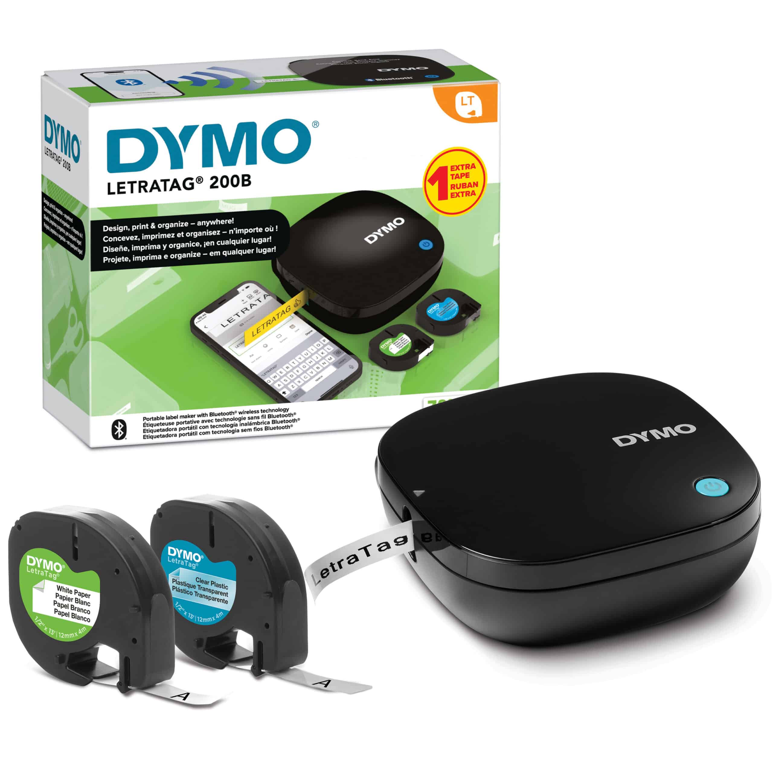 DYMO LetraTag 200B-labelmaker met bluetooth | Compacte labelprinter | Verbinding via draadloze bluetoothtechnologie met iOS en Android | Inclusief 2 soorten labeltape