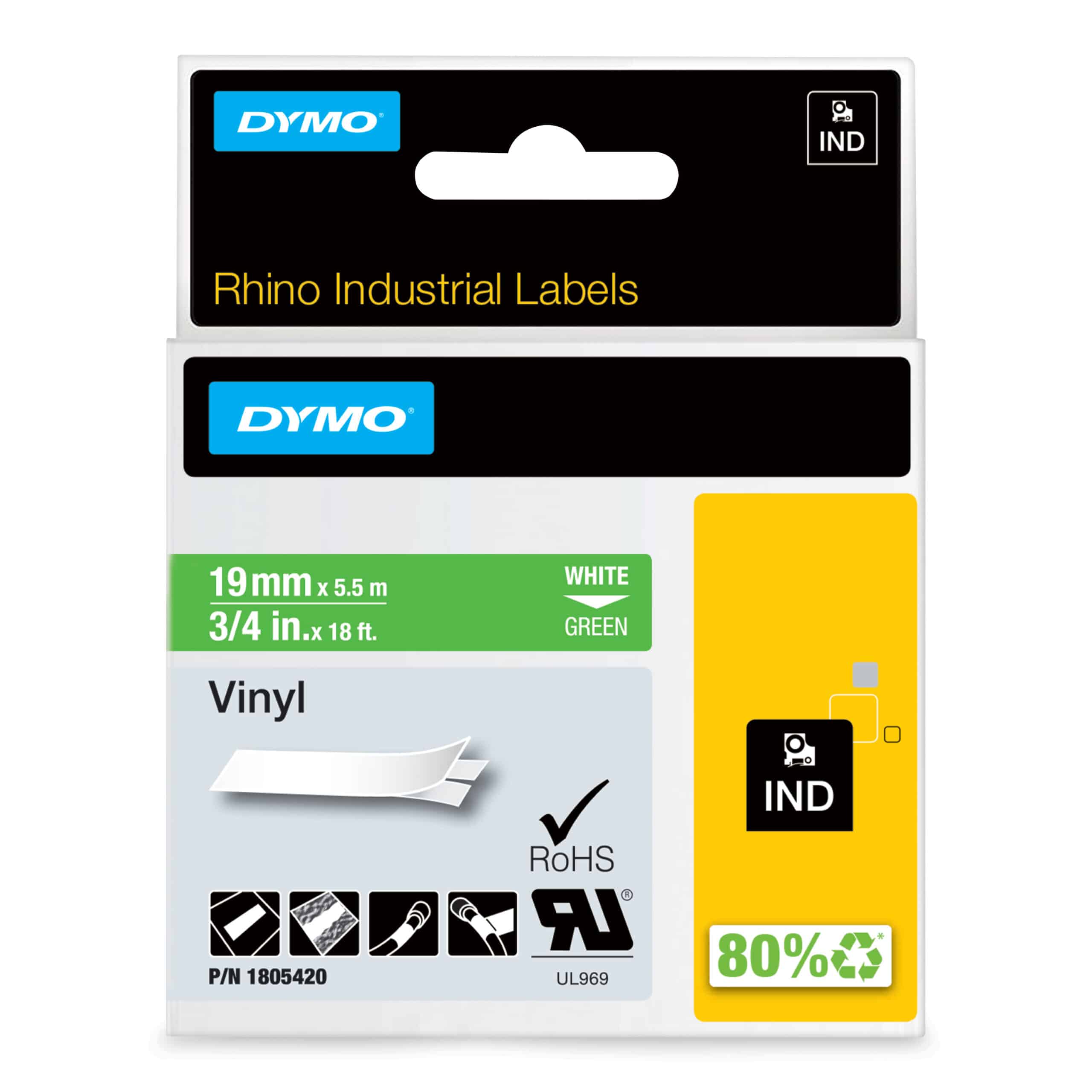 DYMO Rhino industriële Vinyl Labels | 19 mm x 5,5 m | witte afdruk op groen | zelfklevende labels voor Rhino & LabelManager labelprinters