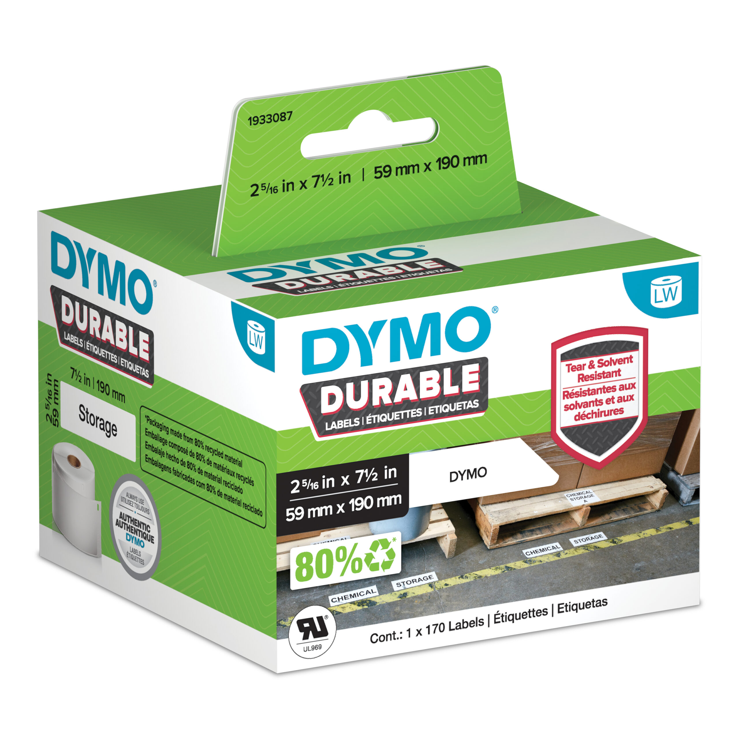 DYMO originele Duurzame LabelWriter labels | 59 mm x 190 mm | Witte Poly | 170 grote zelfklevende etiketten | Stevige labels voor de LabelWriter labelprinters