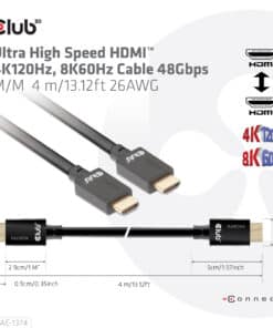 CLUB3D Ultra High Speed HDMI™2.1 gecertificeerde kabel 4K120Hz, 144Hz 48Gbps M/V 4 Meter - Afbeelding 2