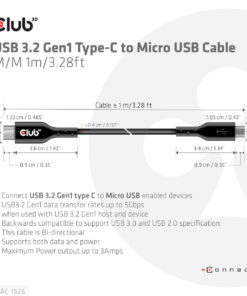 CLUB3D USB 3.2 Gen1 Type-C to Micro USB Cable M/M 1m /3.28ft - Afbeelding 4