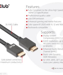 CLUB3D Ultra High Speed HDMI™2.1 gecertificeerde kabel 4K120Hz, 144Hz 48Gbps M/V 5 Meter - Afbeelding 8