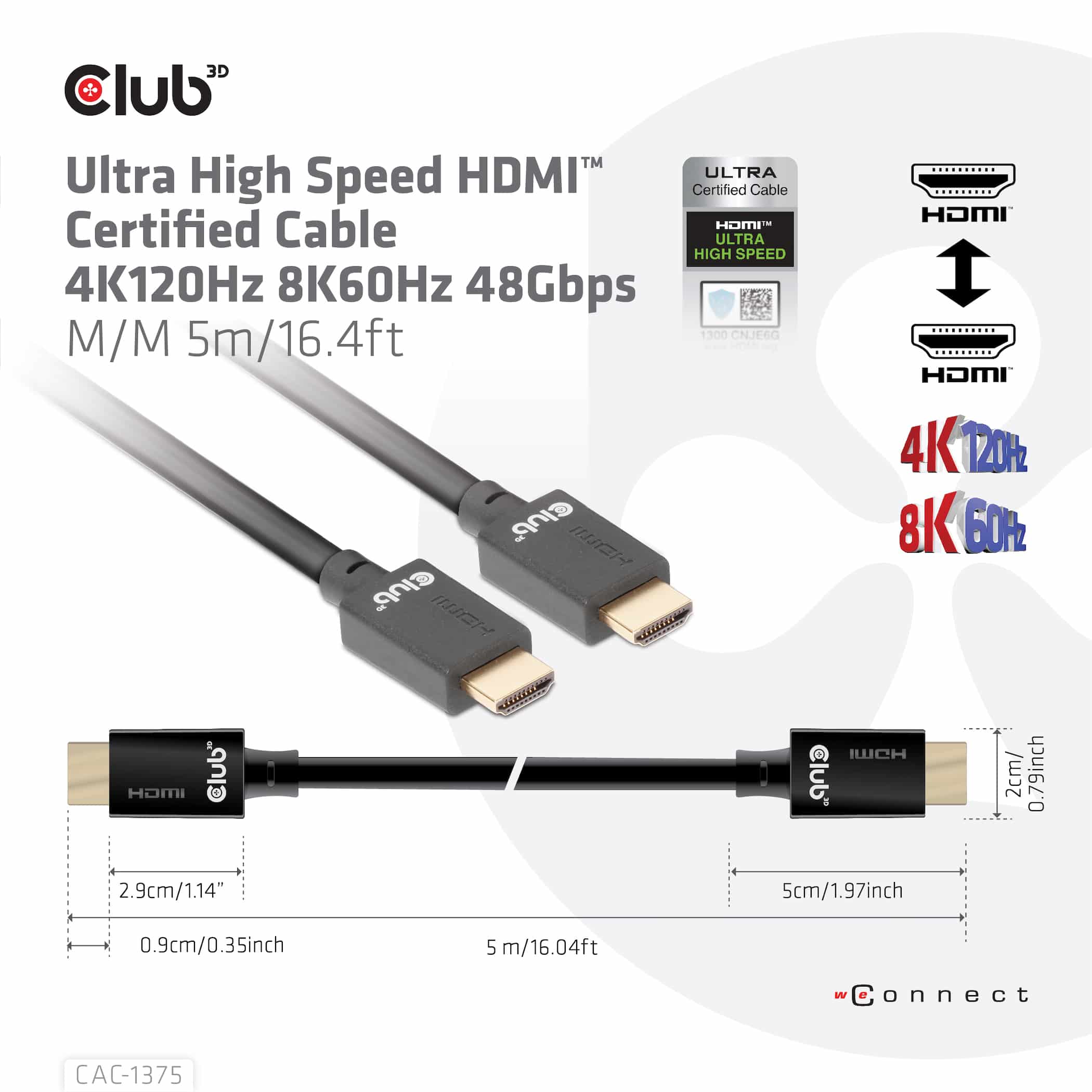 CLUB3D Ultra High Speed HDMI™2.1 gecertificeerde kabel 4K120Hz, 144Hz 48Gbps M/V 5 Meter - Afbeelding 6