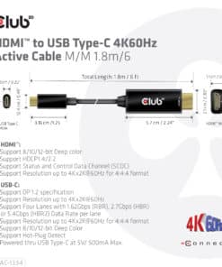 CLUB3D HDMI to USB Type-C 4K60Hz Active Cable M/M 1.8m/6 ft - Afbeelding 4