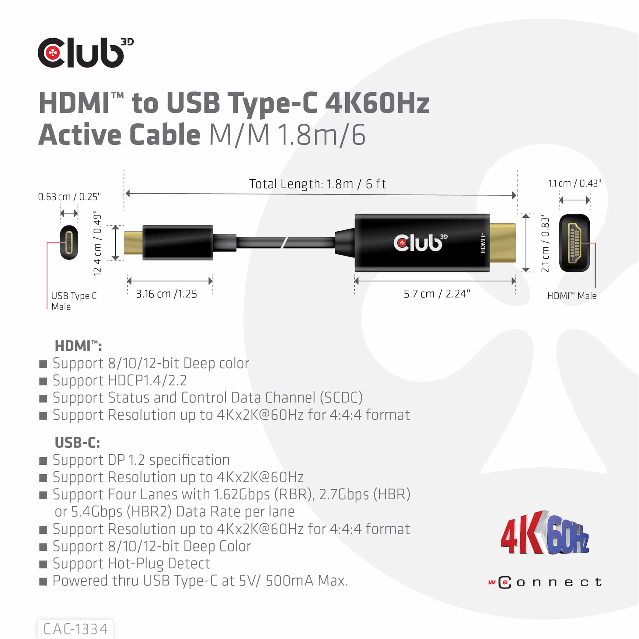CLUB3D HDMI to USB Type-C 4K60Hz Active Cable M/M 1.8m/6 ft - Afbeelding 4
