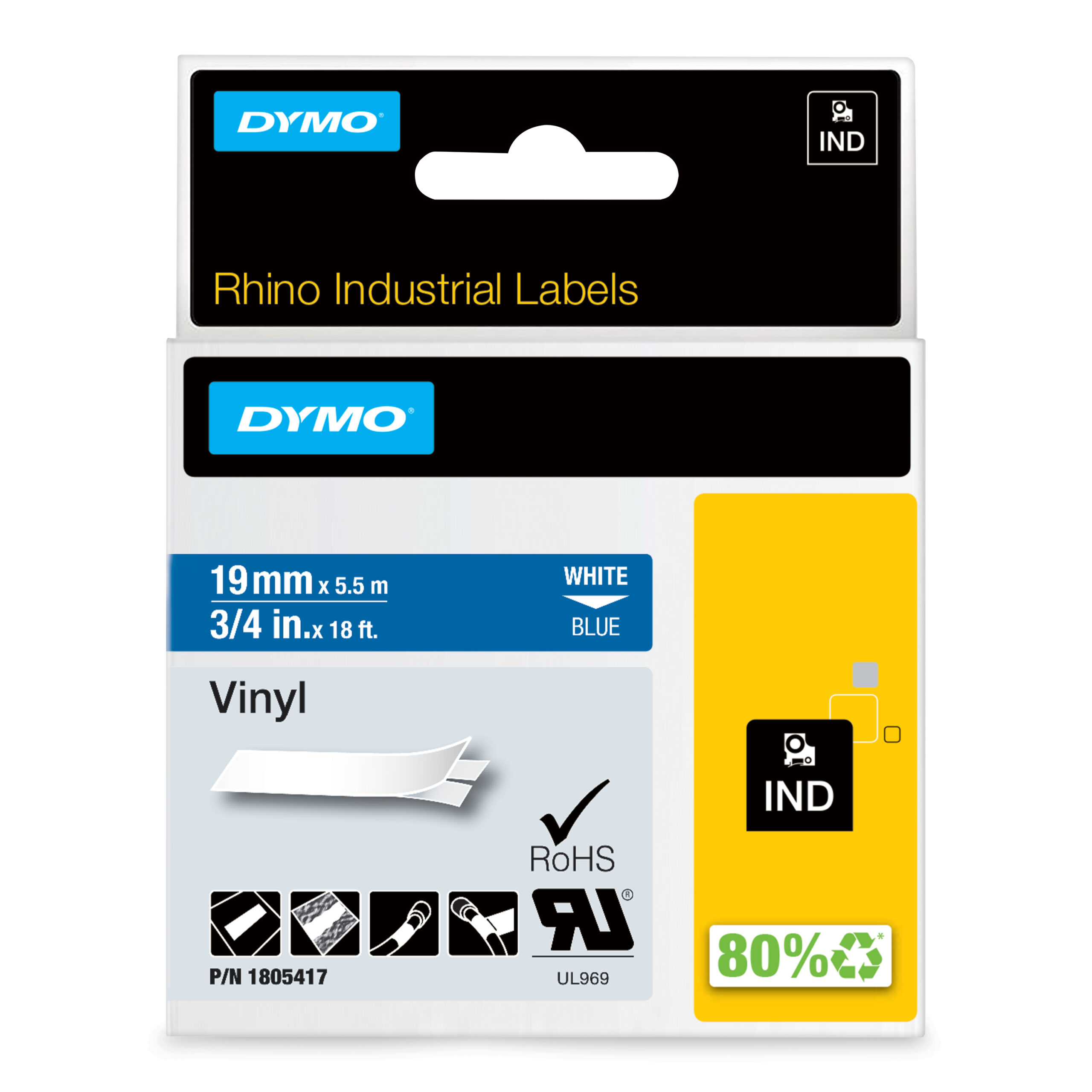 DYMO Rhino industriële Vinyl Labels | 19 mm x 5,5 m | witte afdruk op blauw | zelfklevende labels voor Rhino & LabelManager labelprinters