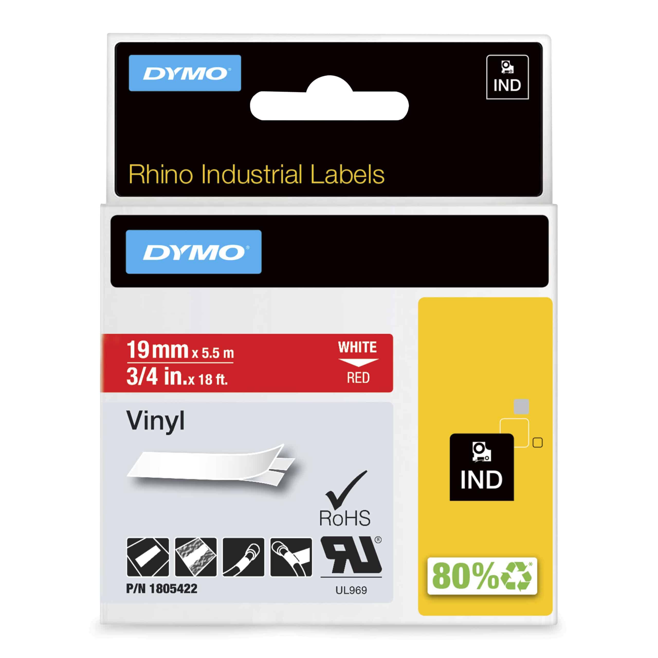 DYMO Rhino industriële Vinyl Labels | 19 mm x 5,5 m | witte afdruk op rood | zelfklevende labels voor Rhino & LabelManager labelprinters