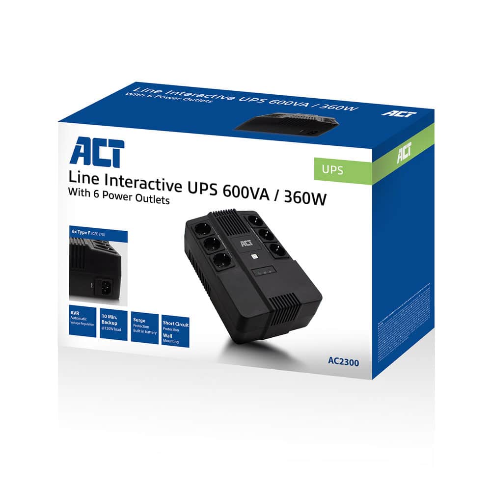 ACT Line Interactive UPS 600VA - met 6 geaarde stopcontacten Stekkerdoos - Afbeelding 2
