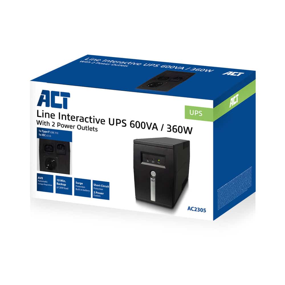 ACT Line Interactive UPS 600VA - 360W met AVR Stekkerdoos - Afbeelding 2