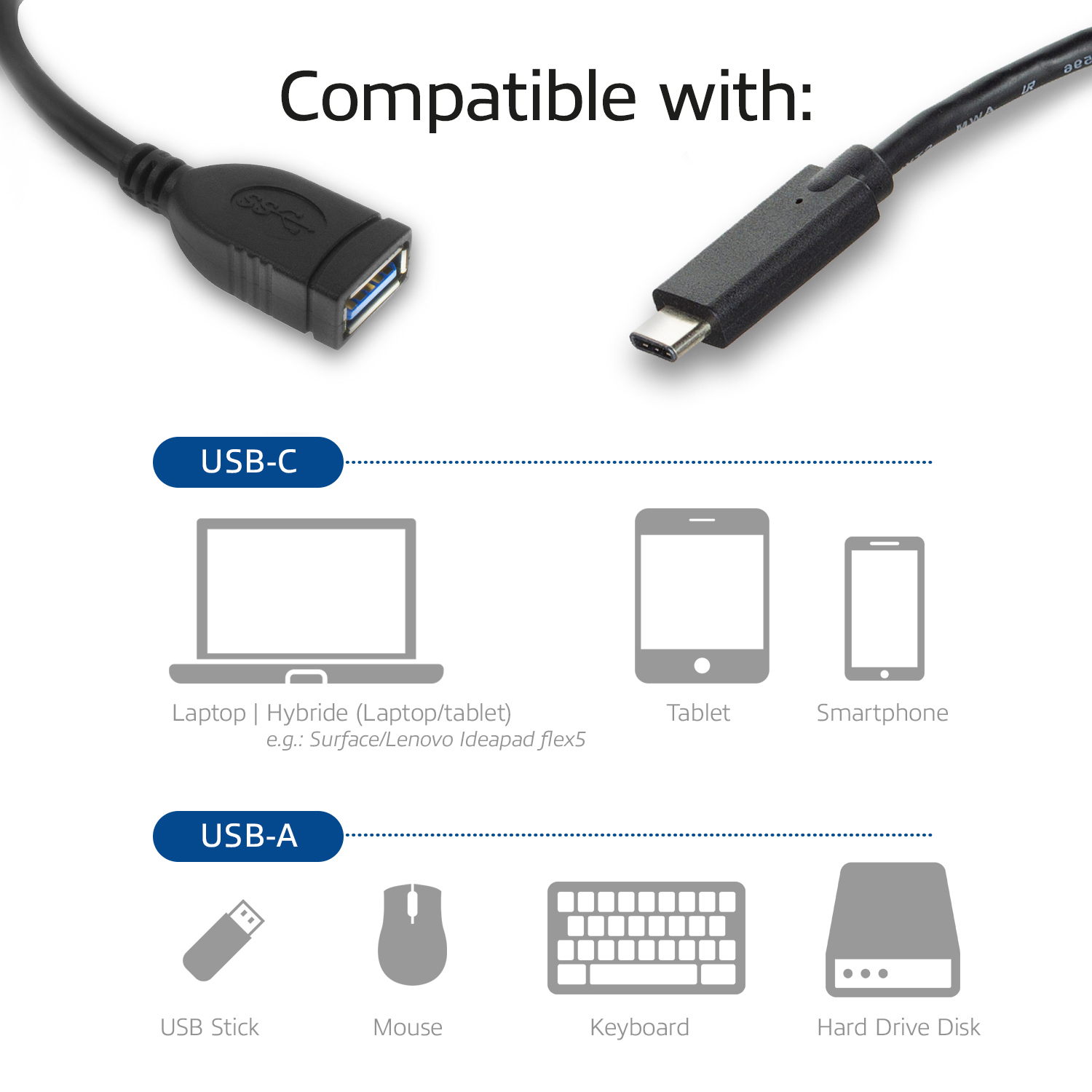 ACT USB 3.0 kabel OTG, USB-C male naar USB-A female, 0,2 meter - Afbeelding 2